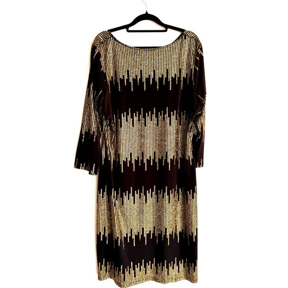 JM Studio by John Meyer Black Gold Chain Print Midi Dress 3/4 Sleeve Size Large - Picture 4 of 7